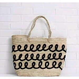 Bohemia Straw Shopping Bag Black Loopy Embroidered Large Beachy